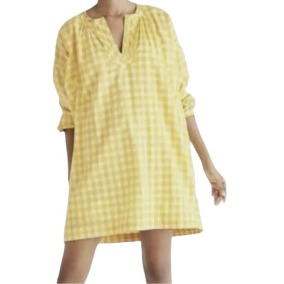 Madewell Yellow Check Gingham Long Sleeve Mini Womens Size L Shift Cotton Casual - Picture 5 of 14